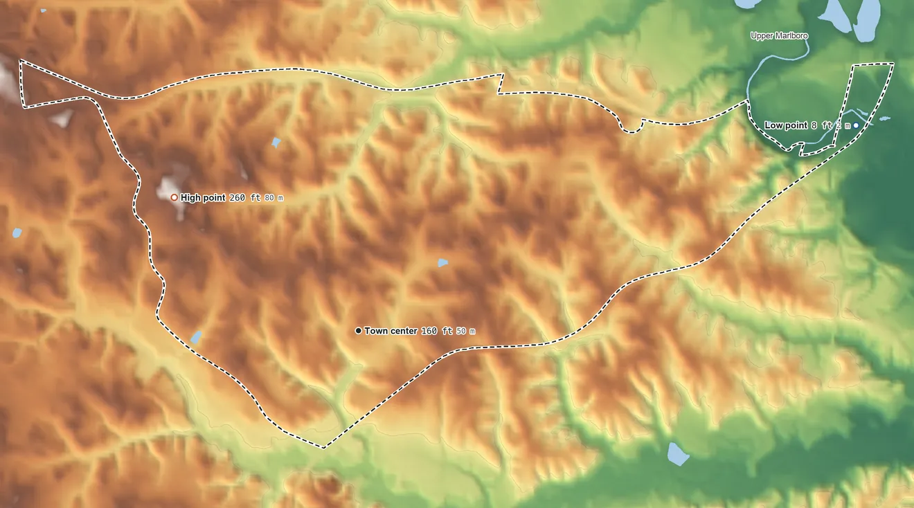 Topographic elevation map of Queensland, Maryland, shaded from 8 ft on the east side to 260 ft on the northwest side