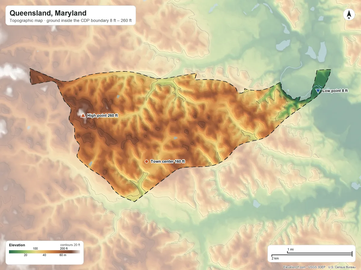 Topographic elevation map of Queensland, Maryland, shaded from 8 ft on the east side to 260 ft on the northwest side
