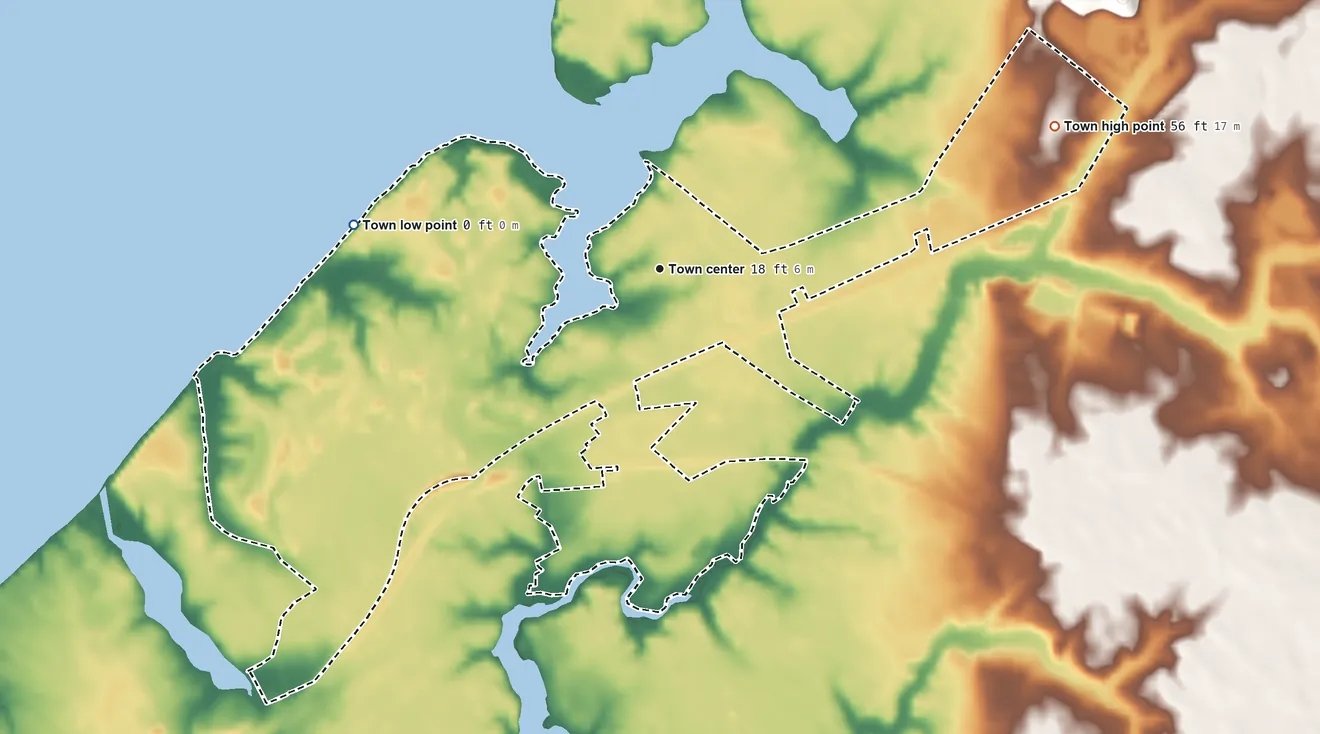 Topographic elevation map of Queenstown, Maryland, shaded from 0 ft on the west side to 56 ft on the east side