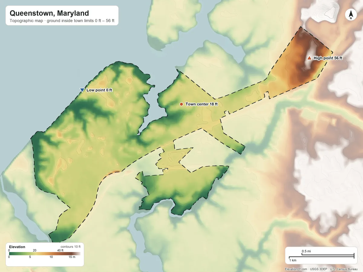 Topographic elevation map of Queenstown, Maryland, shaded from 0 ft on the west side to 56 ft on the east side