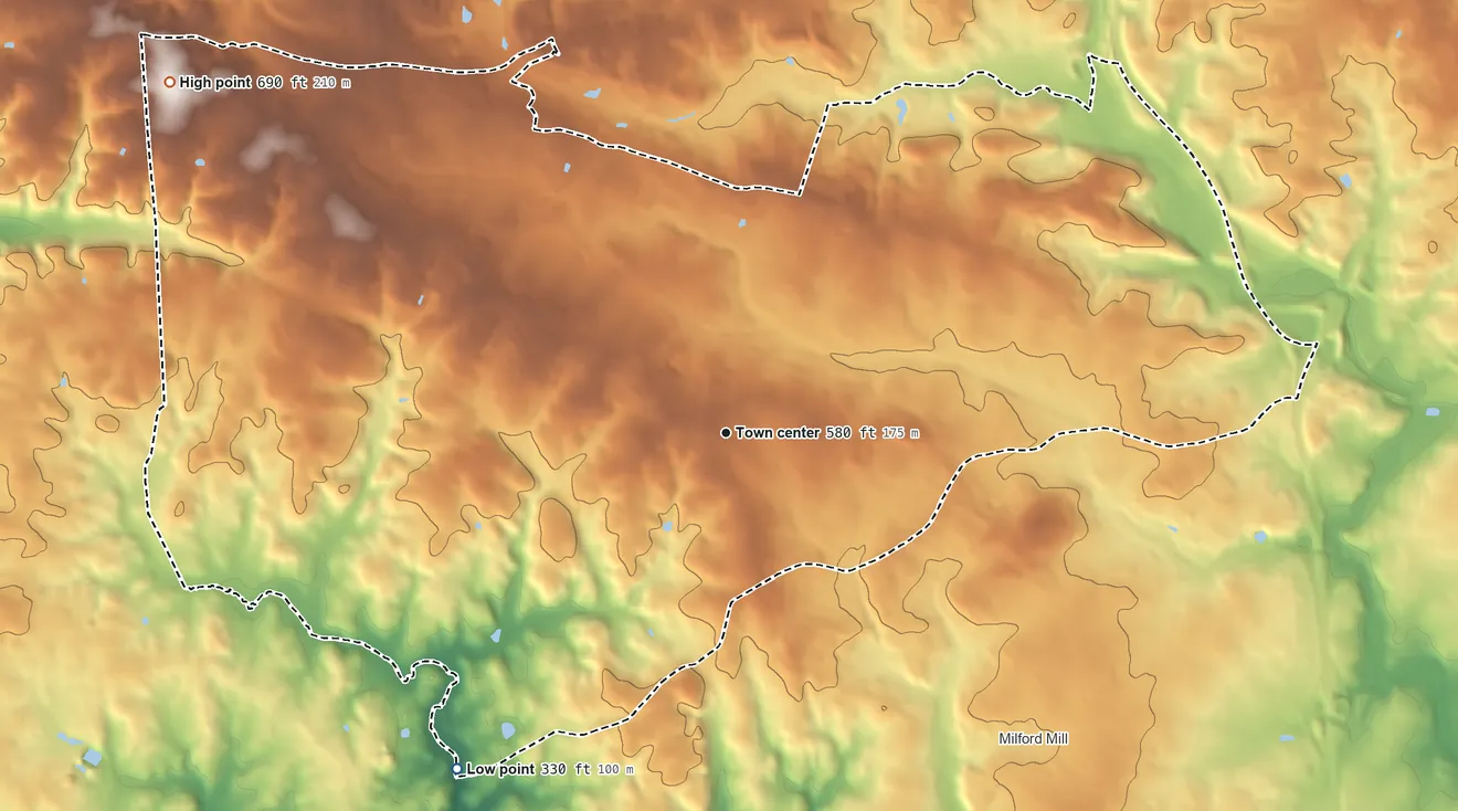 Topographic elevation map of Randallstown, Maryland, shaded from 330 ft on the southwest side to 690 ft on the northwest side
