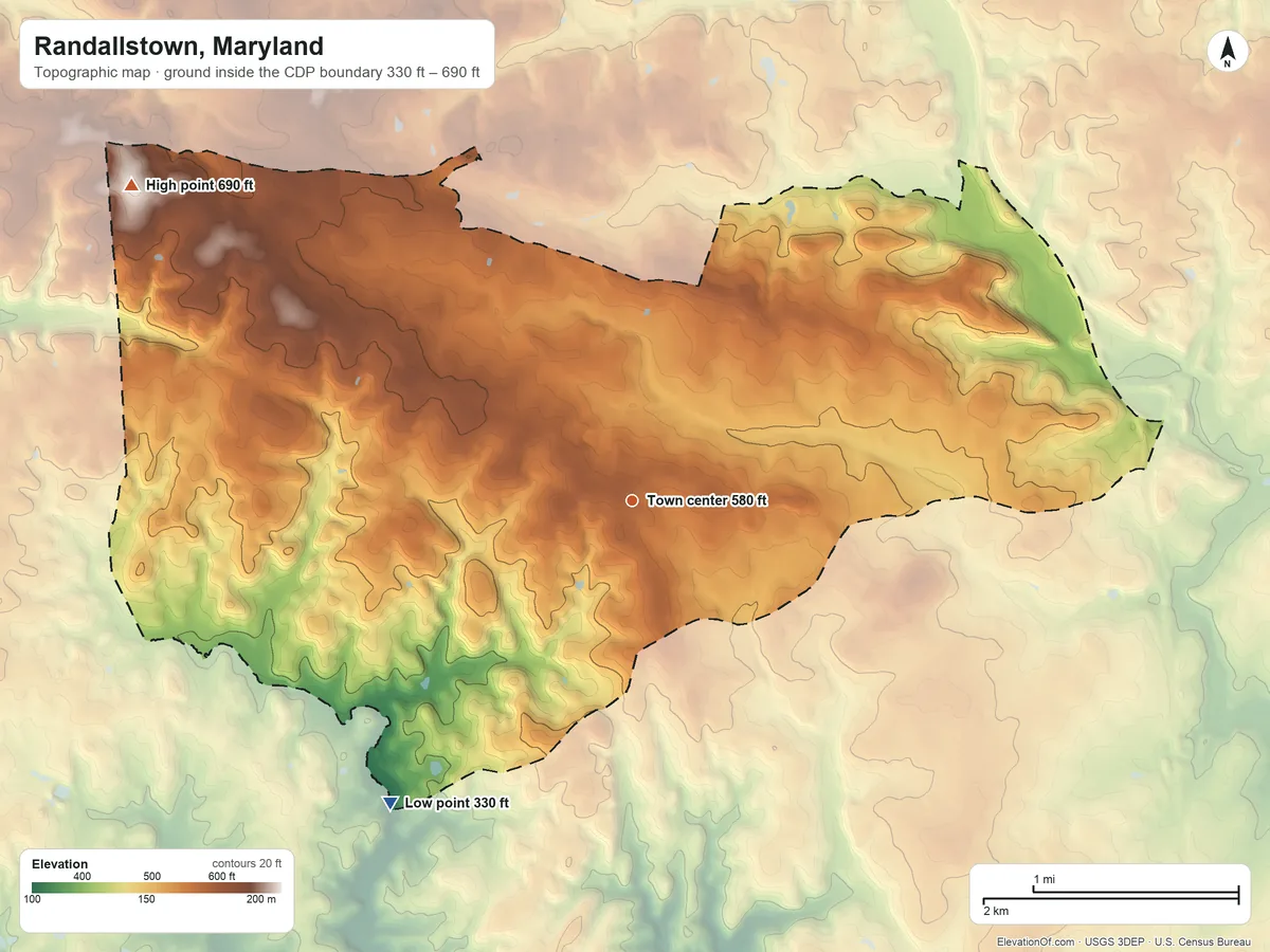 Topographic elevation map of Randallstown, Maryland, shaded from 330 ft on the southwest side to 690 ft on the northwest side