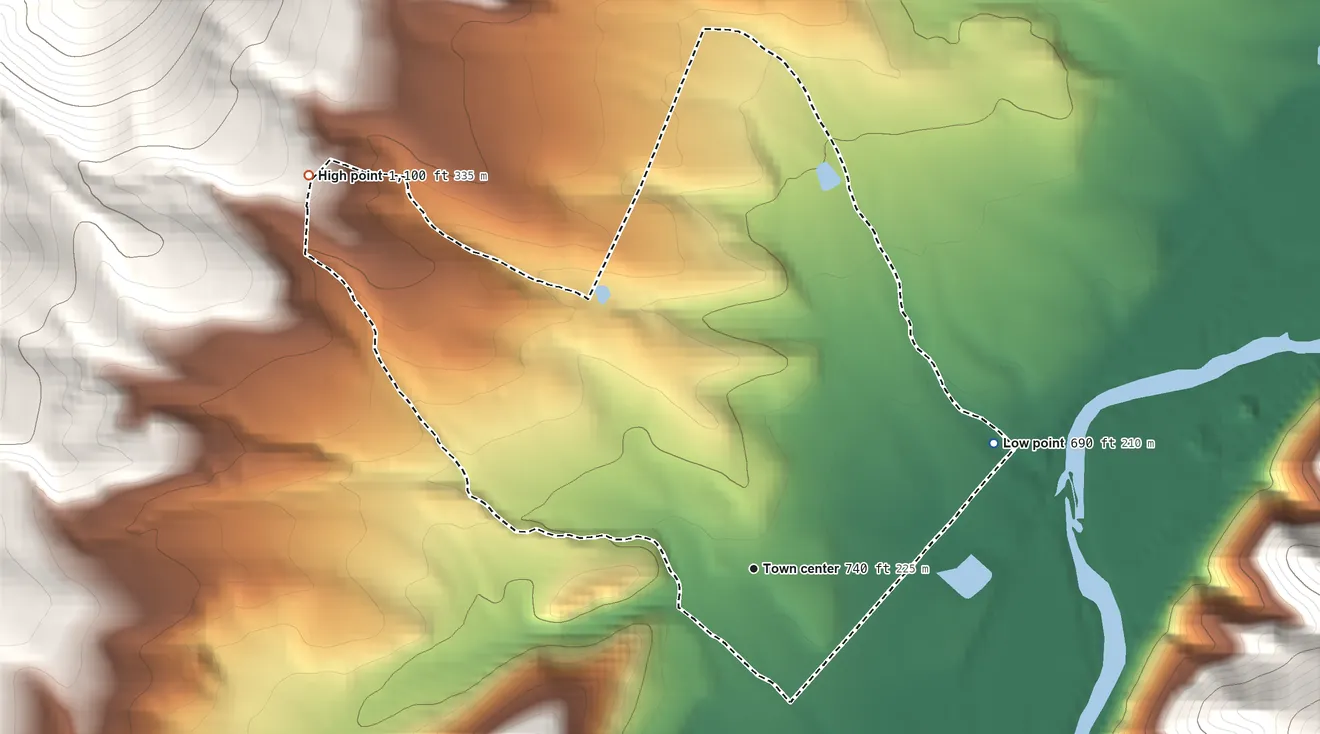 Topographic elevation map of Rawlings, Maryland, shaded from 690 ft on the northeast side to 1,100 ft on the northwest edge, below higher ground just outside