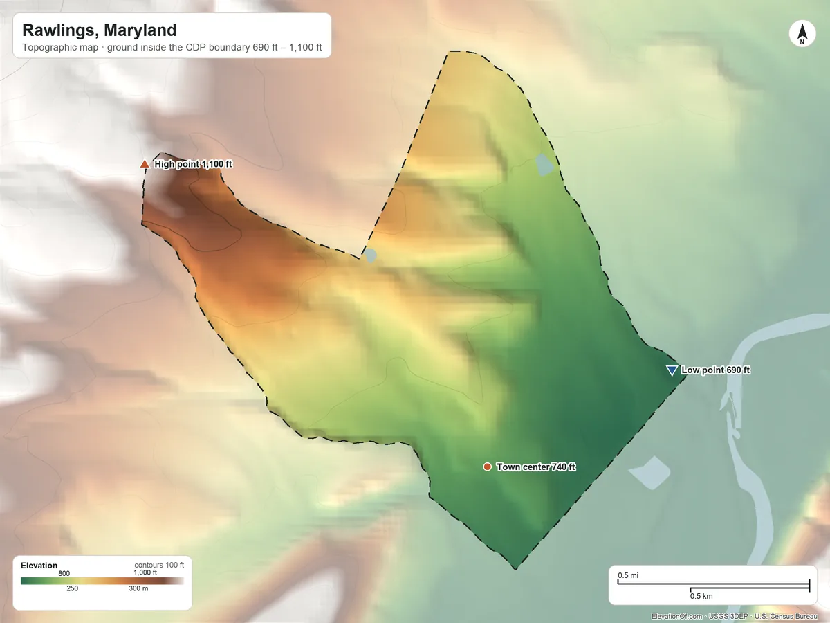 Topographic elevation map of Rawlings, Maryland, shaded from 690 ft on the northeast side to 1,100 ft on the northwest edge, below higher ground just outside