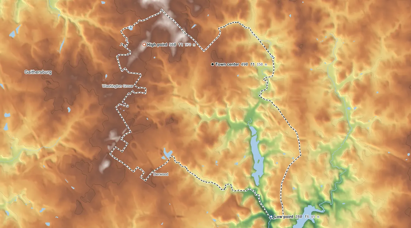 Topographic elevation map of Redland, Maryland, shaded from 280 ft on the south side to 560 ft on the west side