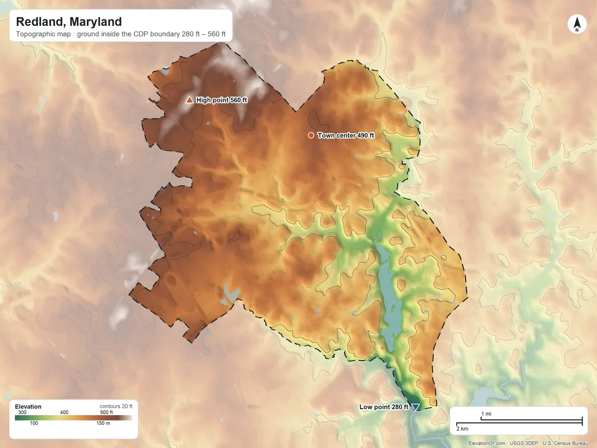 Topographic elevation map of Redland, Maryland, shaded from 280 ft on the south side to 560 ft on the west side