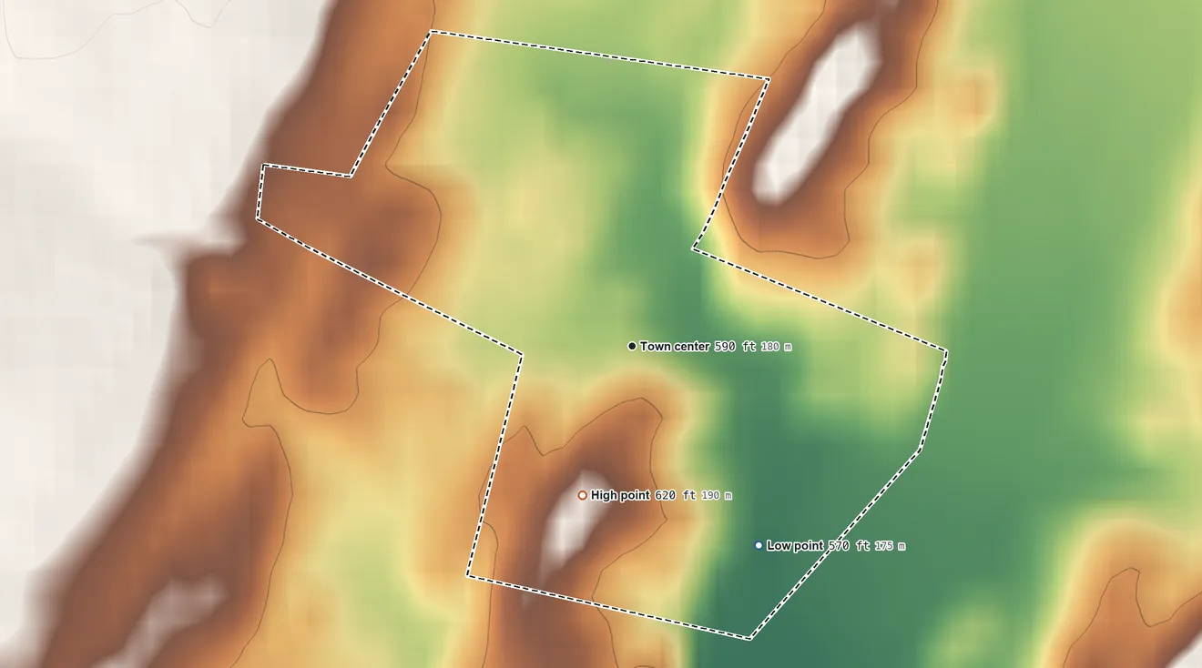 Topographic elevation map of Reid, Maryland, shaded from 570 ft on the southeast side to 620 ft on the south side