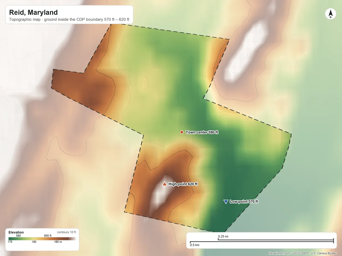 Topographic elevation map of Reid, Maryland, shaded from 570 ft on the southeast side to 620 ft on the south side