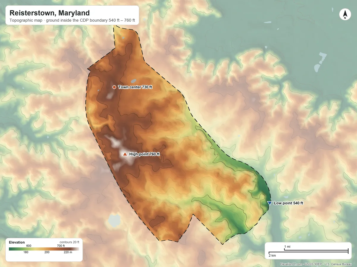 Topographic elevation map of Reisterstown, Maryland, shaded from 540 ft on the southeast side to 760 ft on the south side