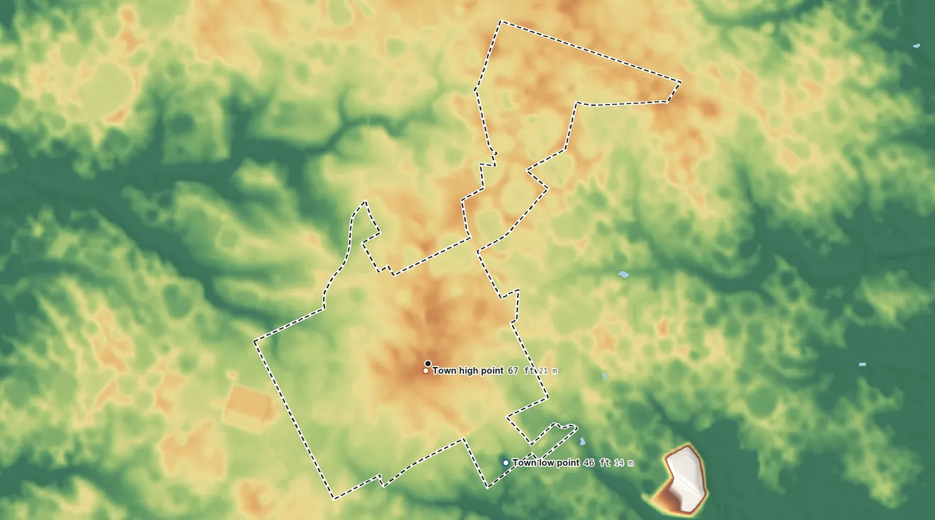 Topographic elevation map of Ridgely, Maryland, shaded from 46 ft on the southeast side to 67 ft near the middle