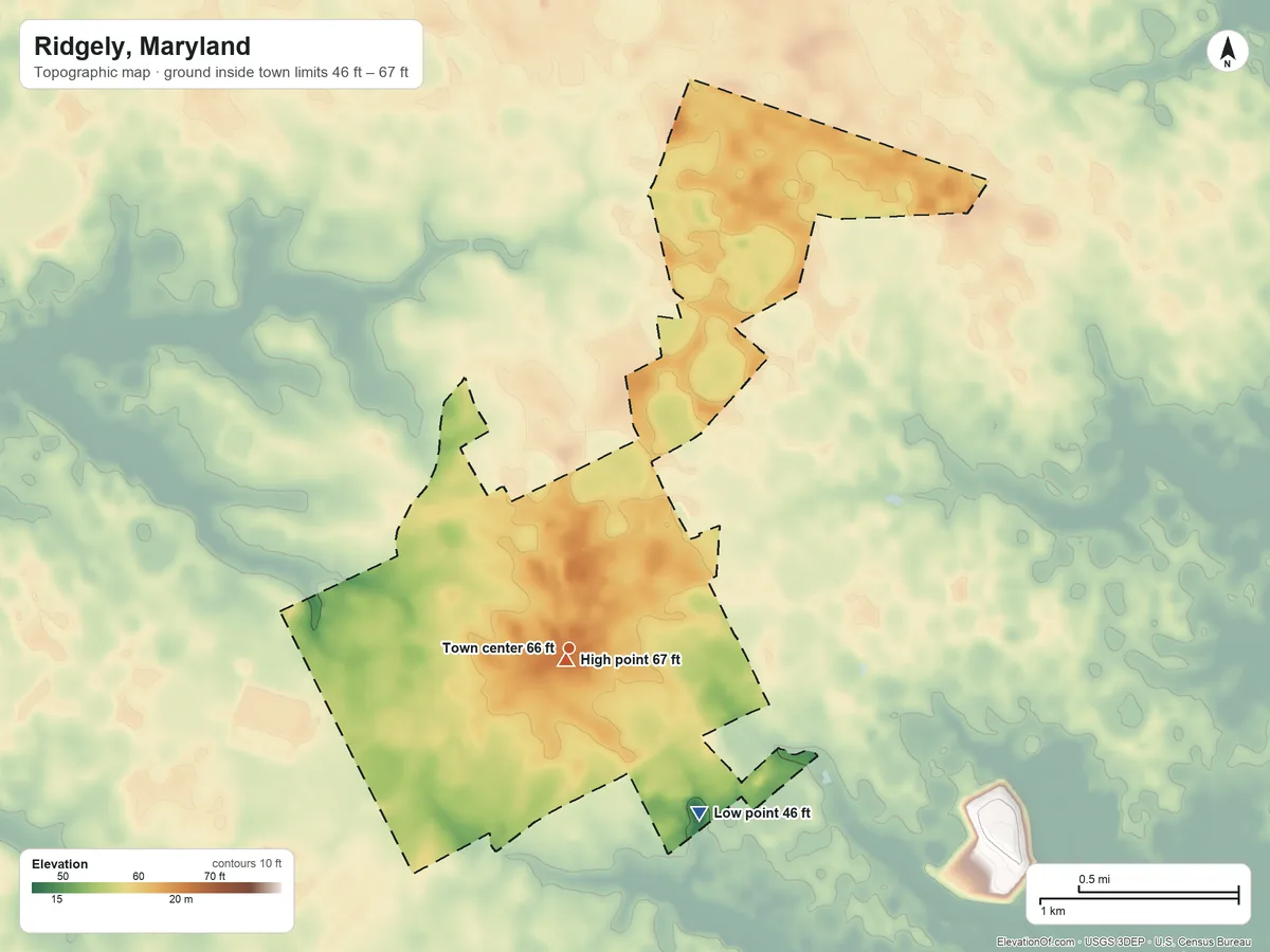 Topographic elevation map of Ridgely, Maryland, shaded from 46 ft on the southeast side to 67 ft near the middle