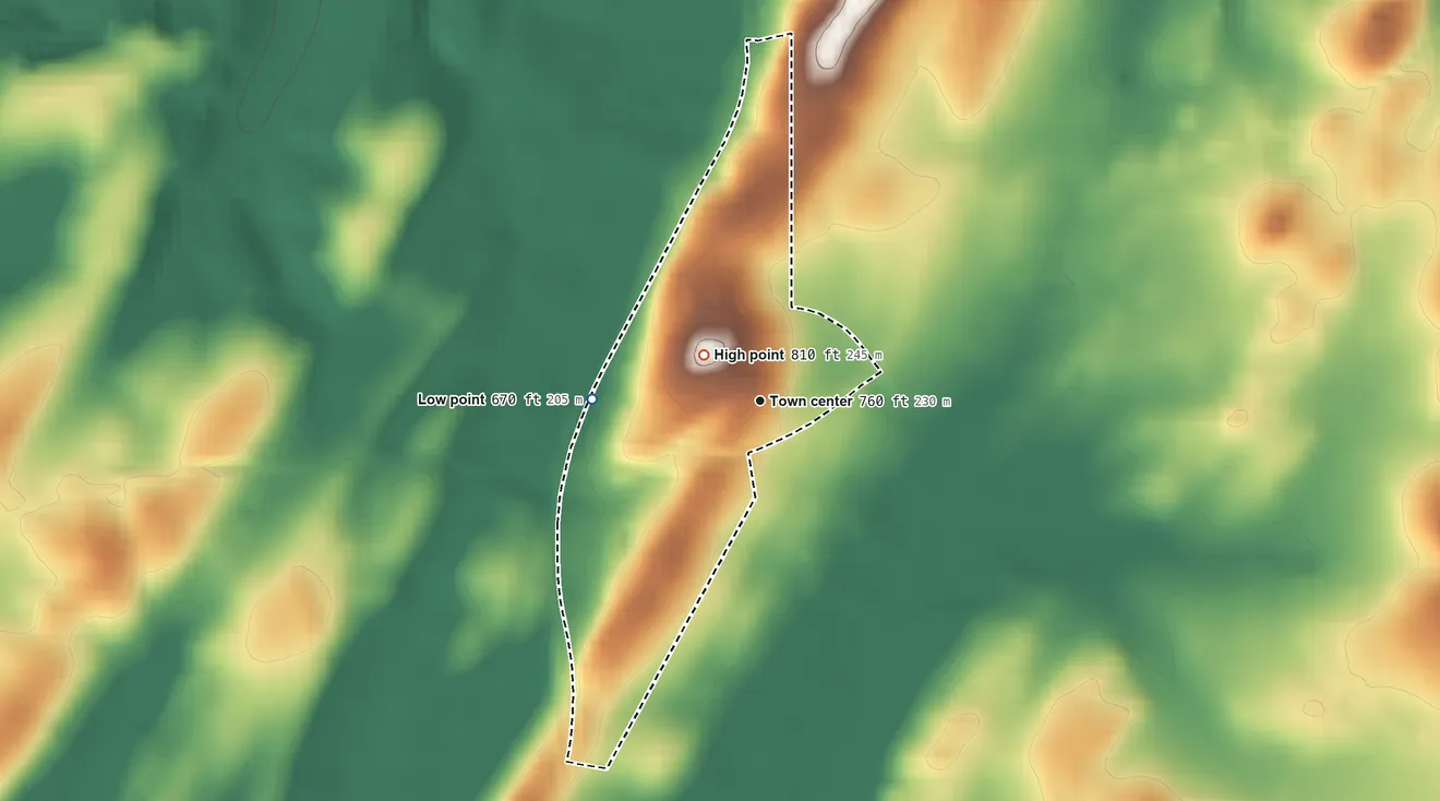 Topographic elevation map of Ringgold, Maryland, shaded from 670 ft on the west side to 810 ft near the middle