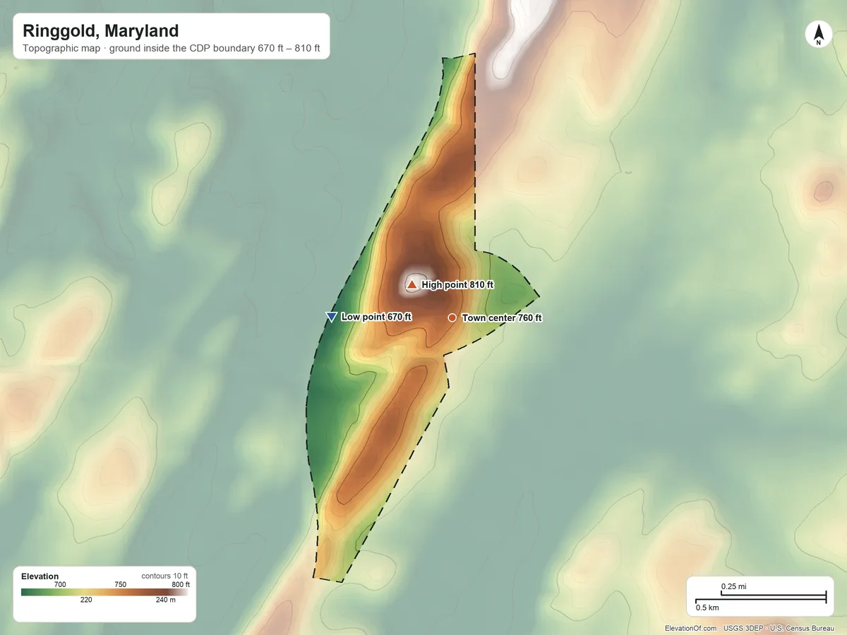 Topographic elevation map of Ringgold, Maryland, shaded from 670 ft on the west side to 810 ft near the middle