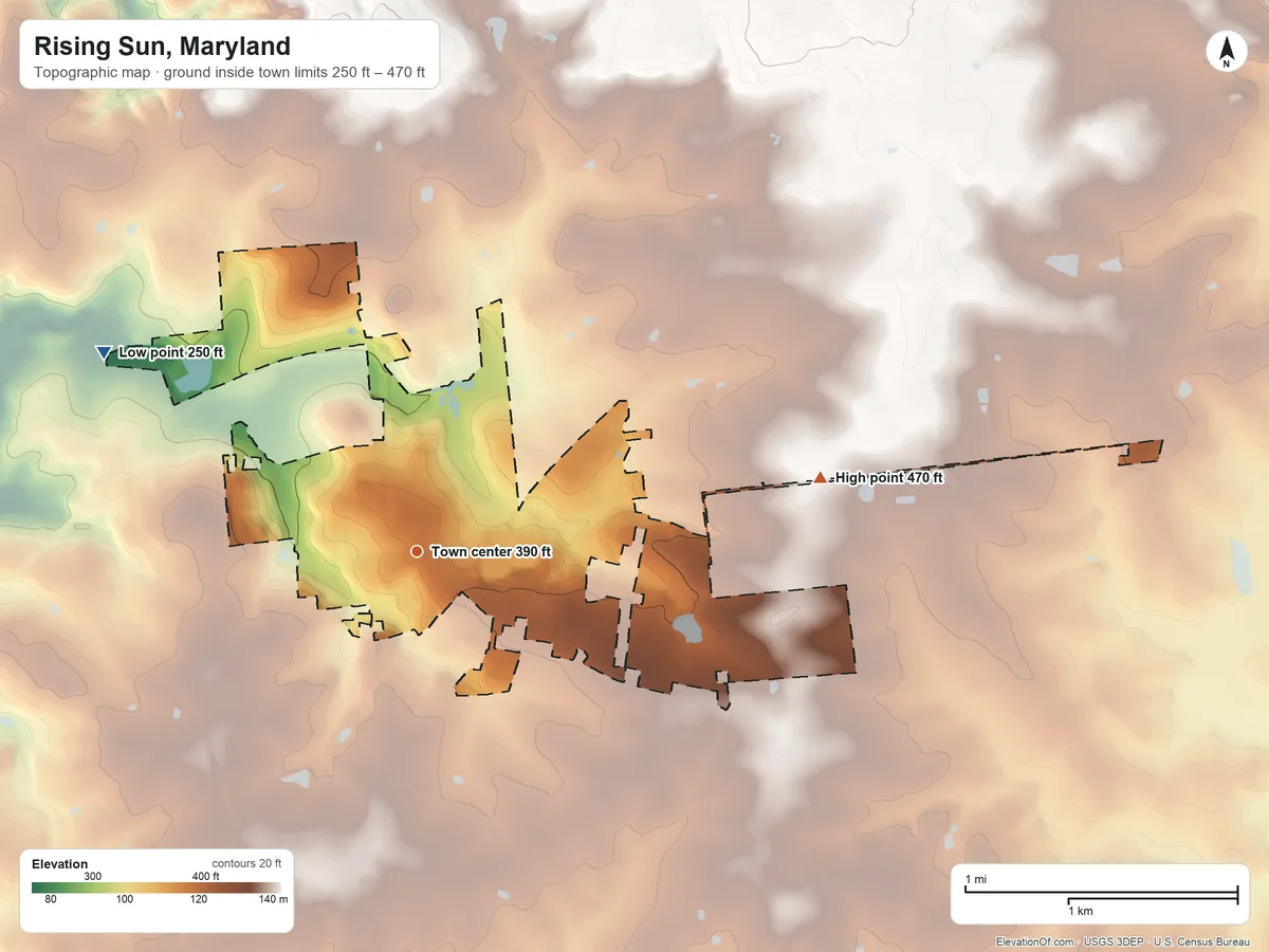 Topographic elevation map of Rising Sun, Maryland, shaded from 250 ft on the northwest side to 470 ft on the east side