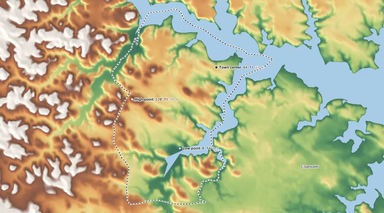 Topographic elevation map of Riva, Maryland, shaded from 0 ft on the southwest side to 120 ft on the west side