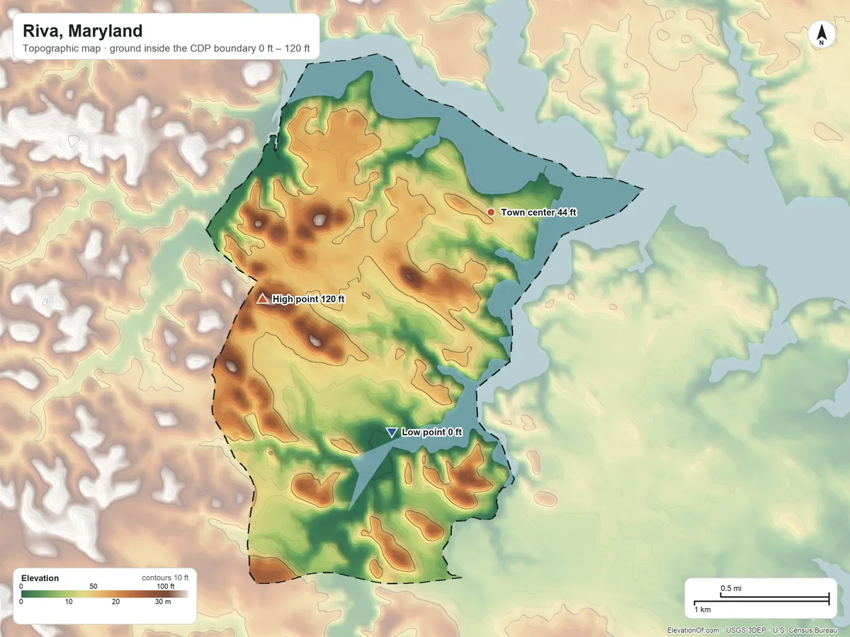 Topographic elevation map of Riva, Maryland, shaded from 0 ft on the southwest side to 120 ft on the west side