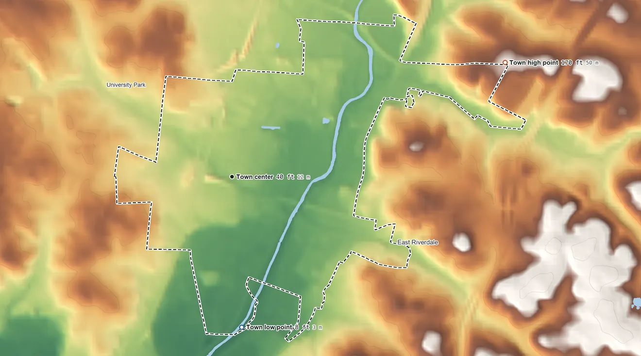 Topographic elevation map of Riverdale Park, Maryland, shaded from 8 ft on the south side to 170 ft on the northeast side
