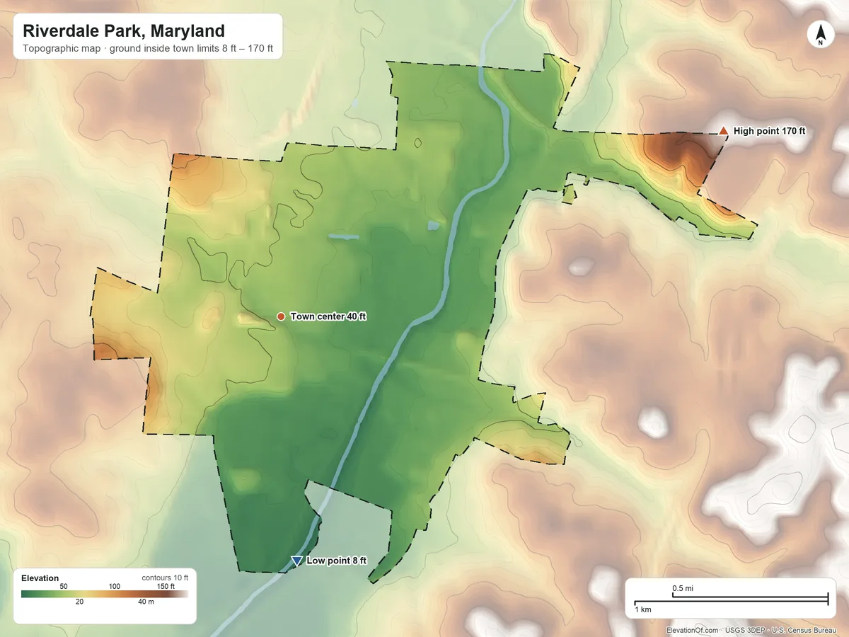 Topographic elevation map of Riverdale Park, Maryland, shaded from 8 ft on the south side to 170 ft on the northeast side
