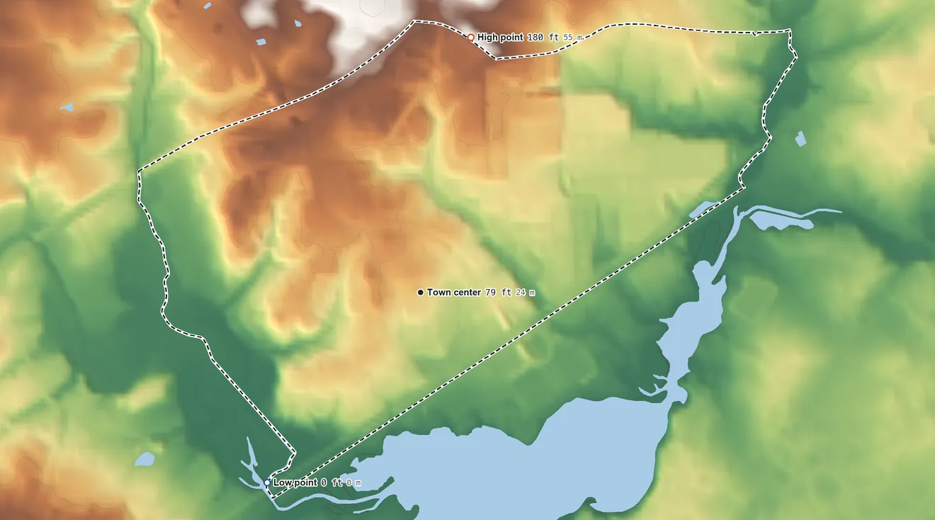 Topographic elevation map of Riverside, Maryland, shaded from 0 ft on the southwest side to 180 ft on the north side