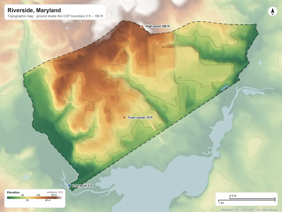 Topographic elevation map of Riverside, Maryland, shaded from 0 ft on the southwest side to 180 ft on the north side