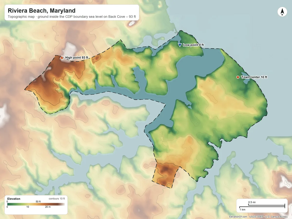 Topographic elevation map of Riviera Beach, Maryland, shaded from sea level level on Back Cove to 93 ft on the west side