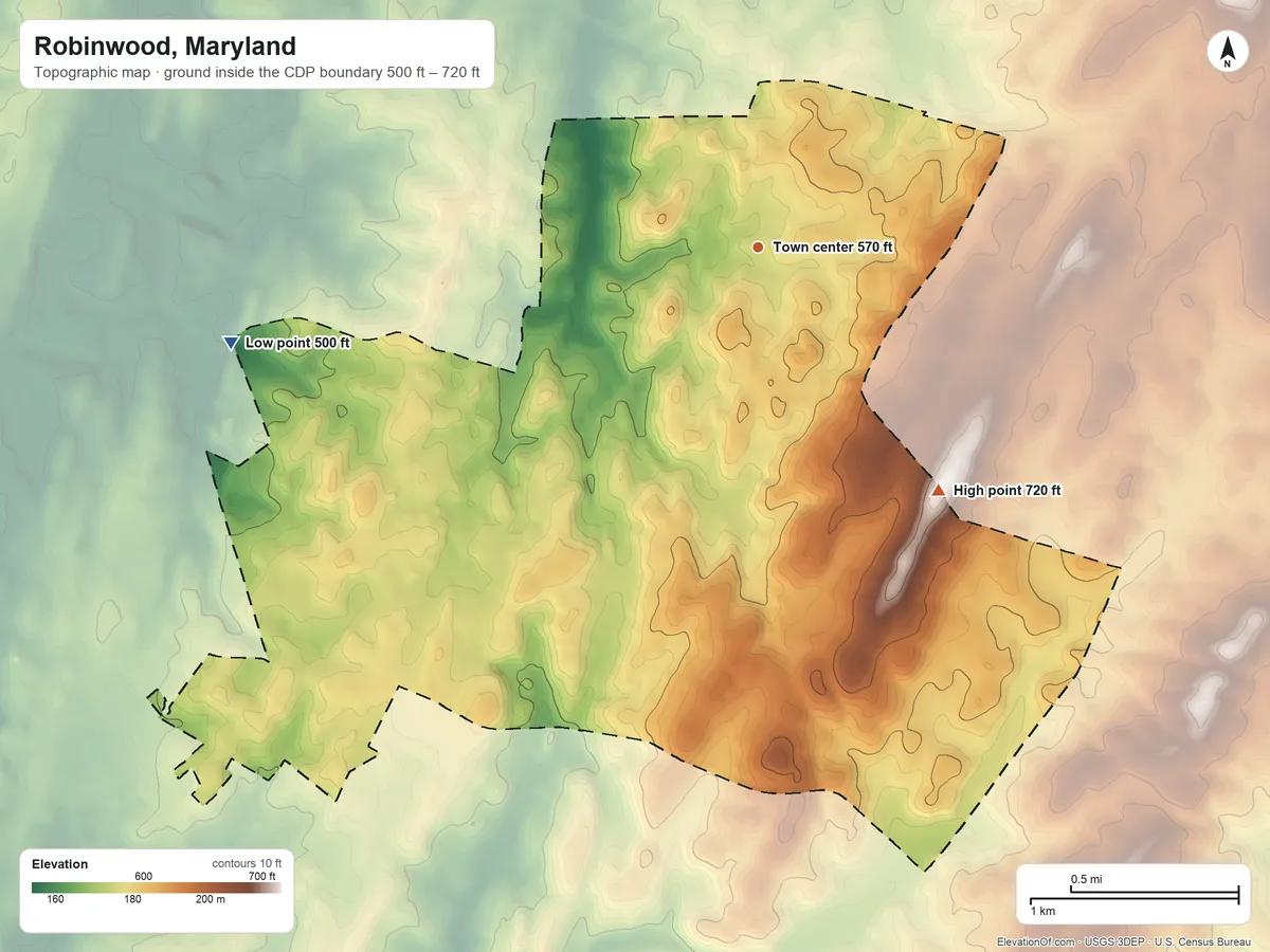 Topographic elevation map of Robinwood, Maryland, shaded from 500 ft on the west side to 720 ft on the southeast side