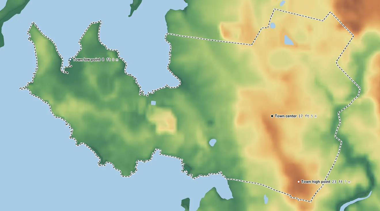 Topographic elevation map of Rock Hall, Maryland, shaded from sea level level on Chesapeake Bay to 23 ft on the south side