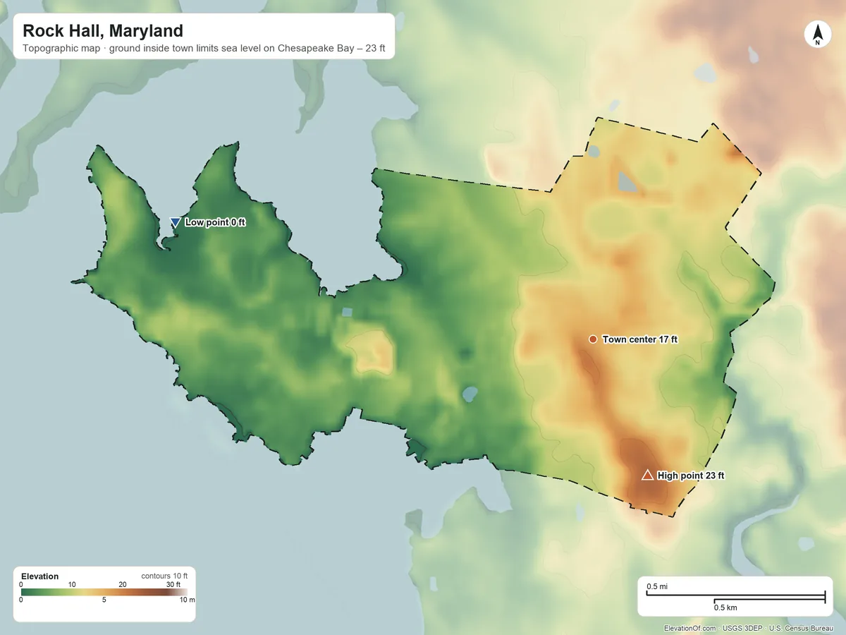 Topographic elevation map of Rock Hall, Maryland, shaded from sea level level on Chesapeake Bay to 23 ft on the south side