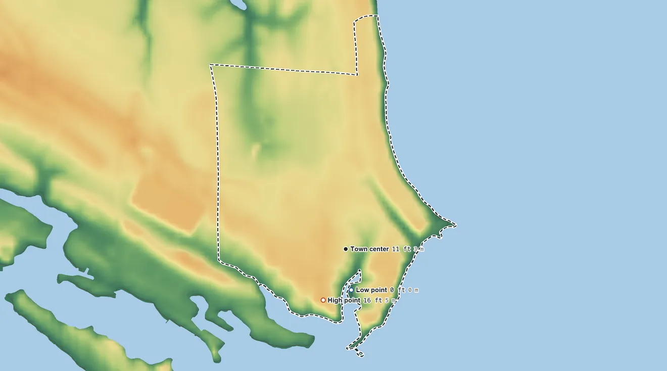 Topographic elevation map of Rock Point, Maryland, shaded from 0 ft near the middle to 16 ft on the southwest side
