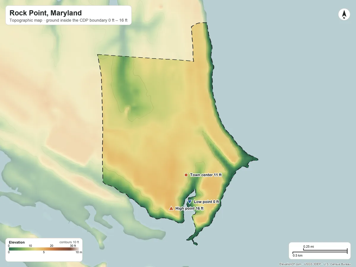 Topographic elevation map of Rock Point, Maryland, shaded from 0 ft near the middle to 16 ft on the southwest side