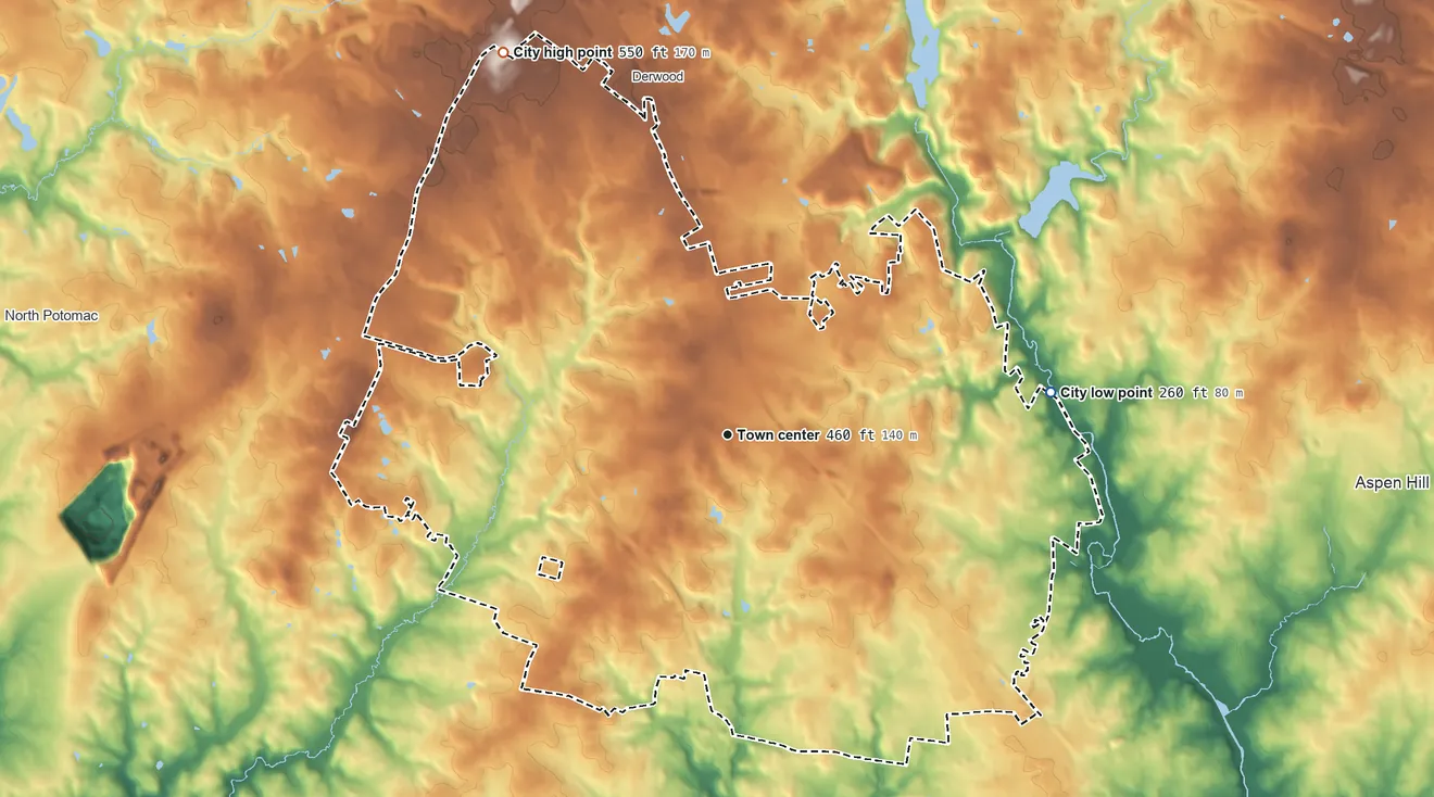 Topographic elevation map of Rockville, Maryland, shaded from 260 ft on the east side to 550 ft on the northwest side