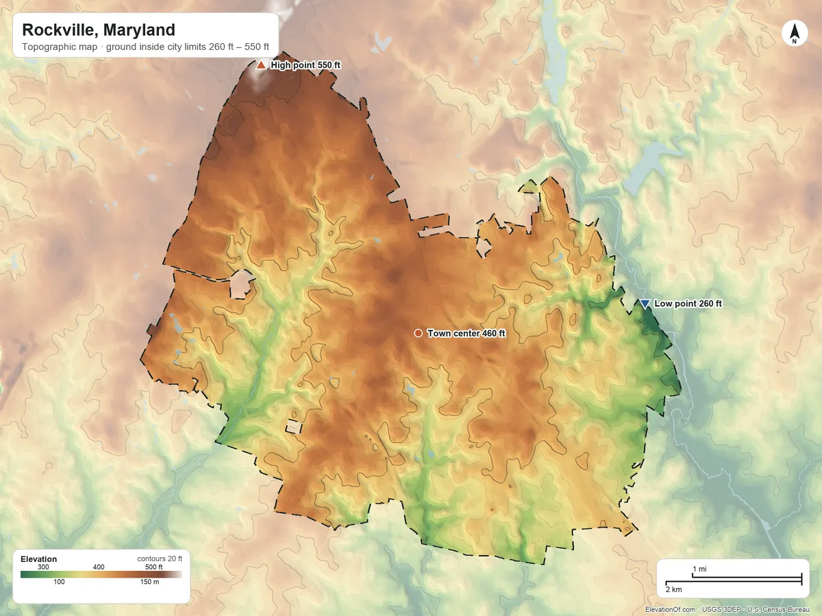 Topographic elevation map of Rockville, Maryland, shaded from 260 ft on the east side to 550 ft on the northwest side