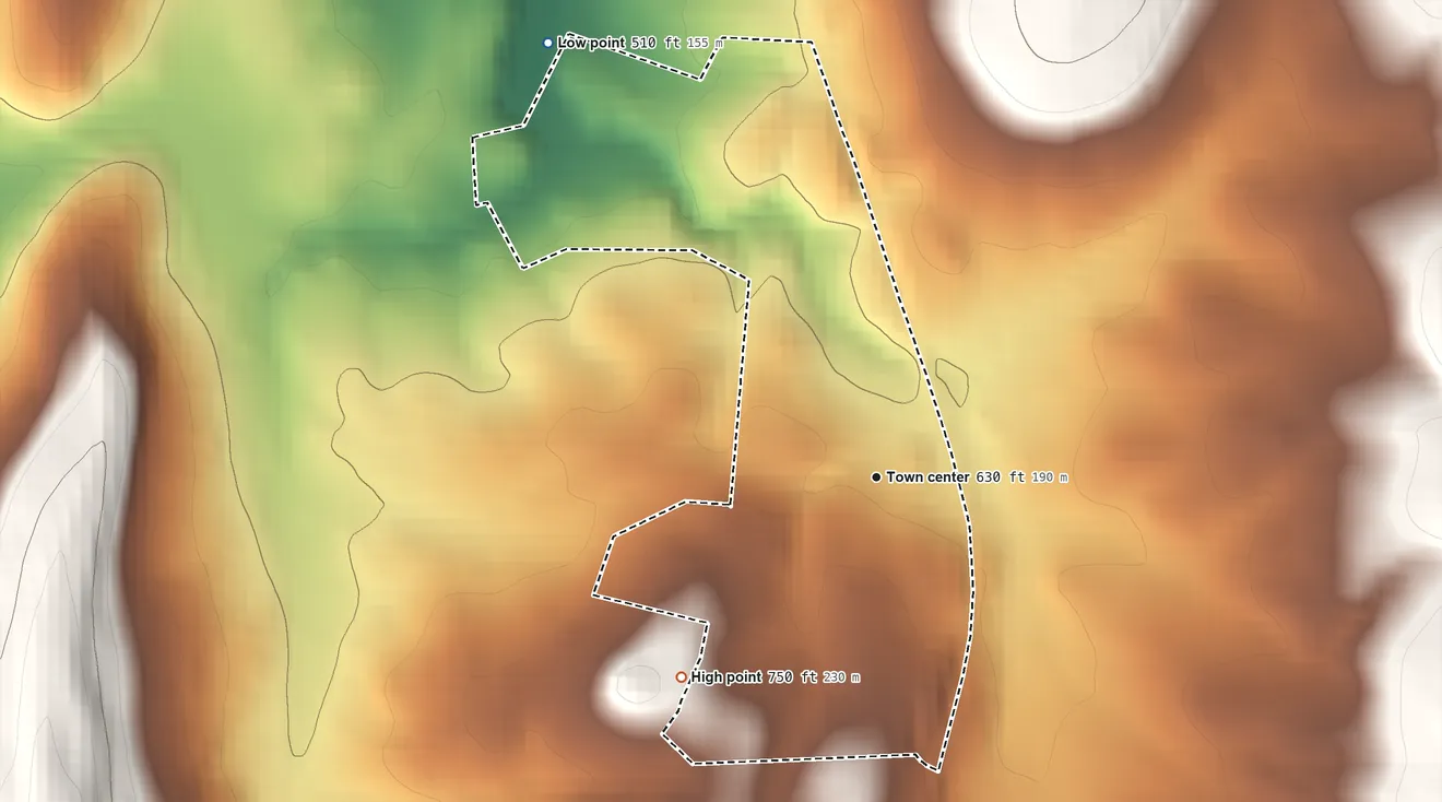 Topographic elevation map of Rohrersville, Maryland, shaded from 510 ft on the northwest side to 750 ft on the southwest edge, below higher ground just outside