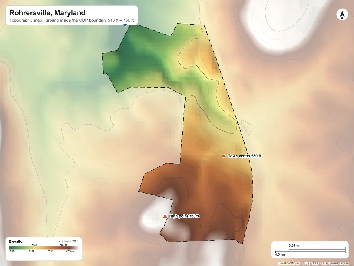 Topographic elevation map of Rohrersville, Maryland, shaded from 510 ft on the northwest side to 750 ft on the southwest edge, below higher ground just outside