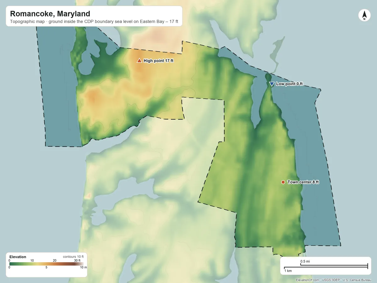 Topographic elevation map of Romancoke, Maryland, shaded from sea level level on Eastern Bay to 17 ft on the northwest side
