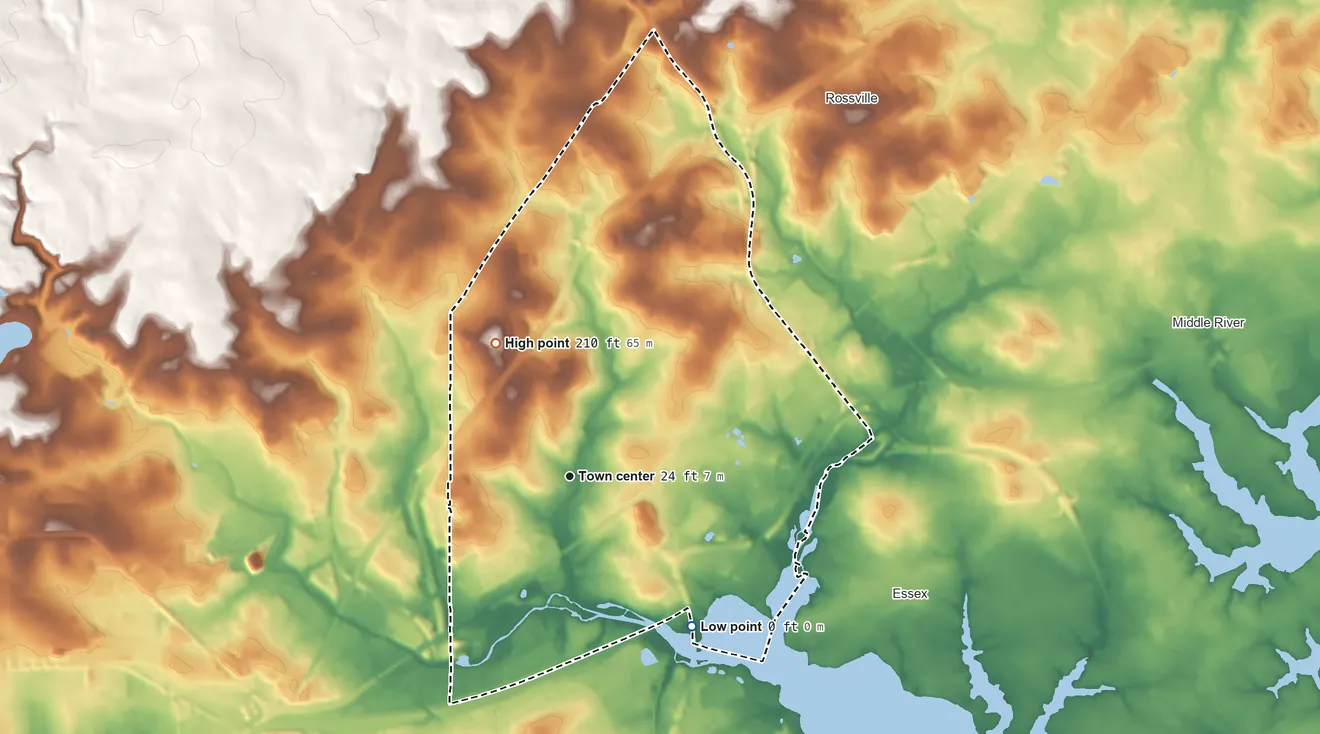 Topographic elevation map of Rosedale, Maryland, shaded from sea level level on the Back River to 210 ft on the northwest side