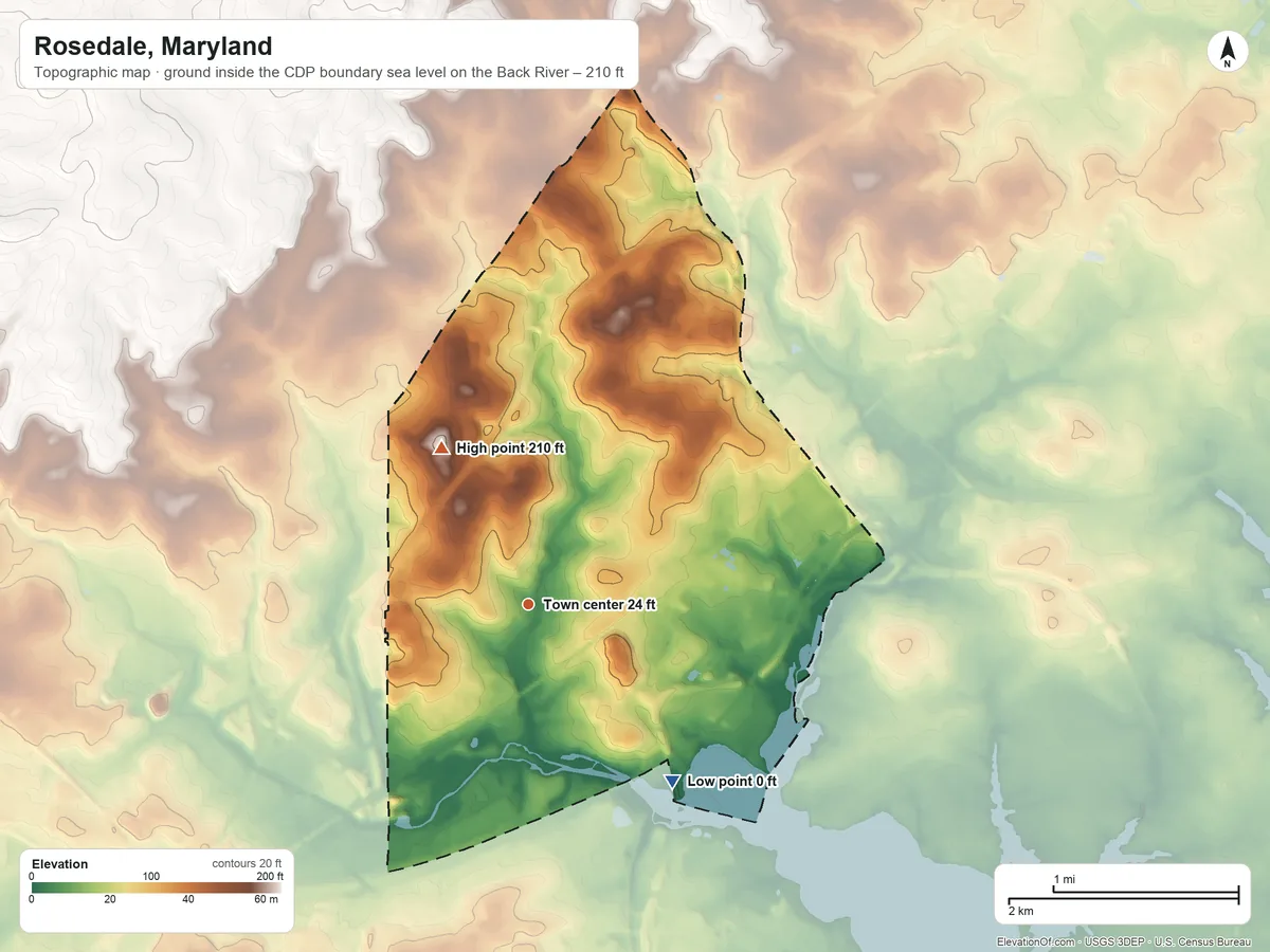 Topographic elevation map of Rosedale, Maryland, shaded from sea level level on the Back River to 210 ft on the northwest side