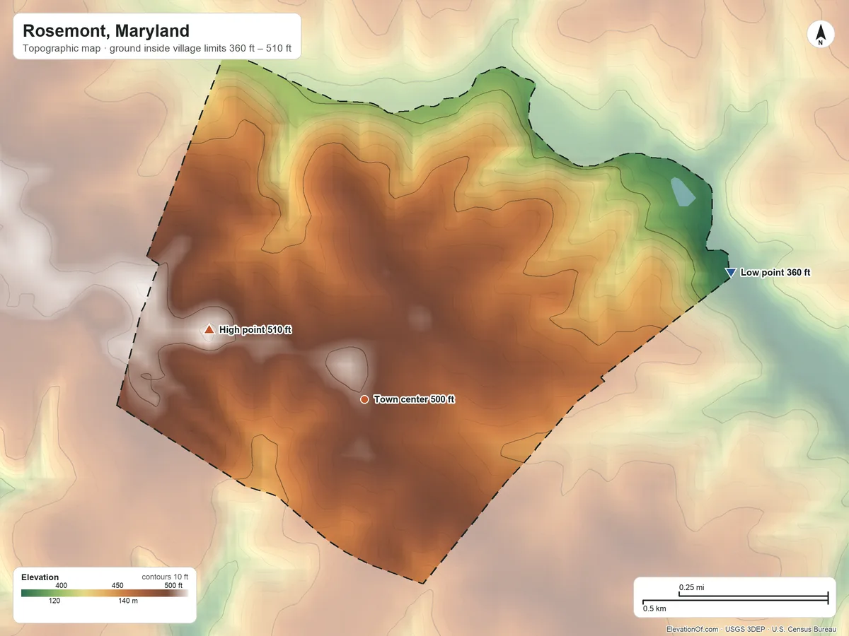 Topographic elevation map of Rosemont, Maryland, shaded from 360 ft on the east side to 510 ft on the northwest side