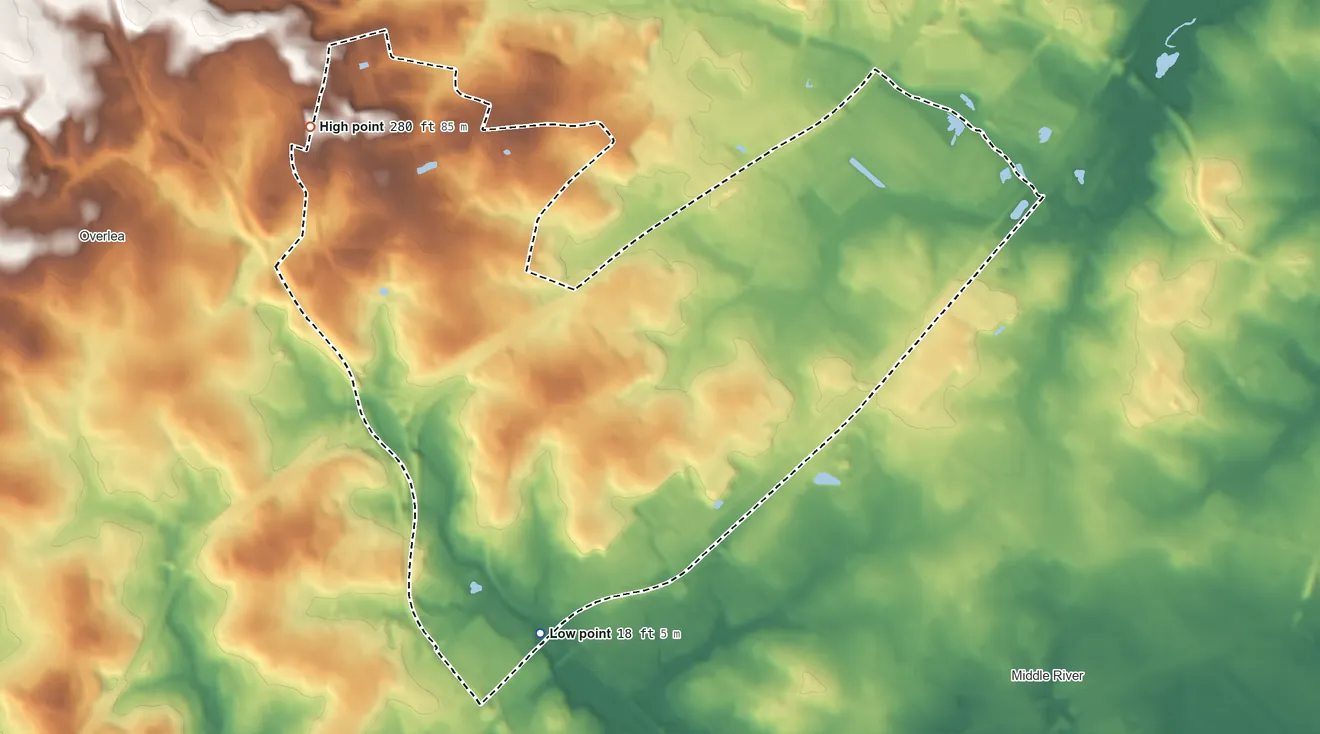 Topographic elevation map of Rossville, Maryland, shaded from 18 ft on the south side to 280 ft on the northwest side