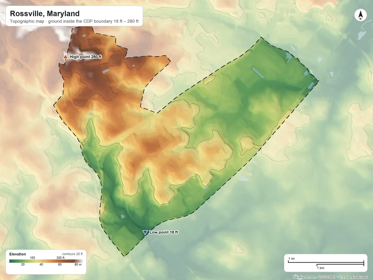 Topographic elevation map of Rossville, Maryland, shaded from 18 ft on the south side to 280 ft on the northwest side