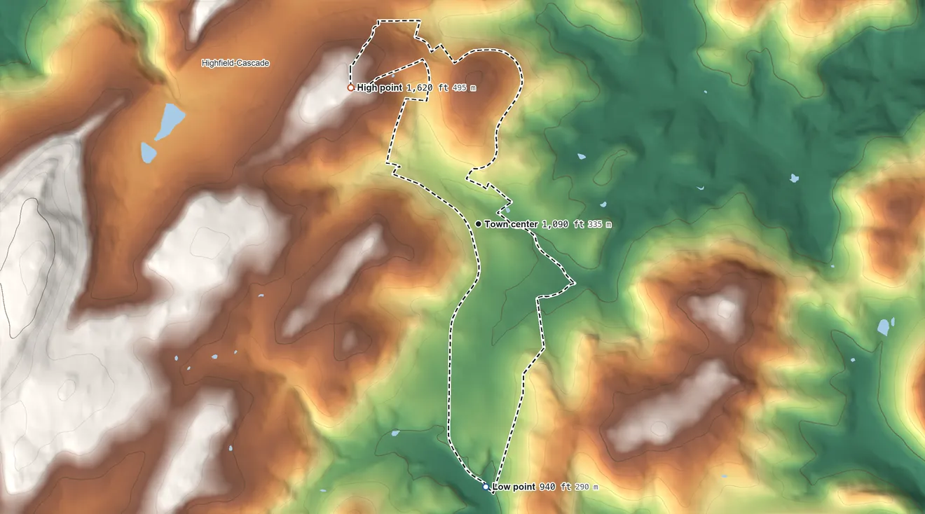 Topographic elevation map of Sabillasville, Maryland, shaded from 940 ft on the south side to 1,620 ft on the northwest side