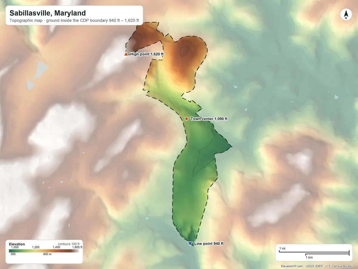 Topographic elevation map of Sabillasville, Maryland, shaded from 940 ft on the south side to 1,620 ft on the northwest side