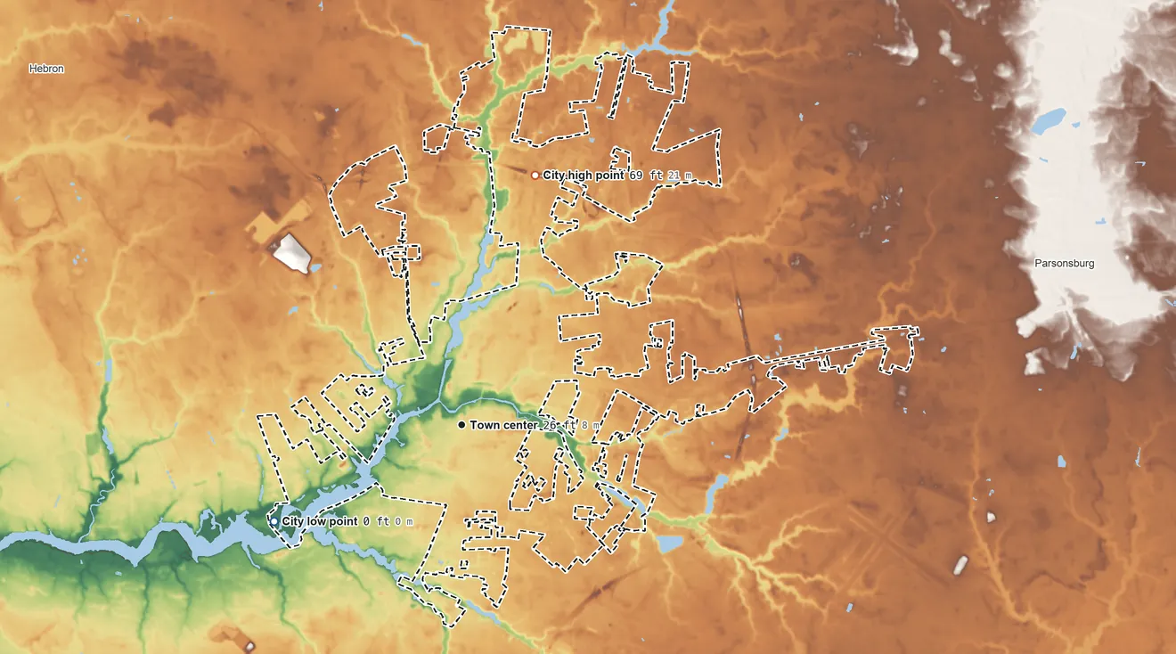 Topographic elevation map of Salisbury, Maryland, shaded from 0 ft on the southwest side to 69 ft on the north side