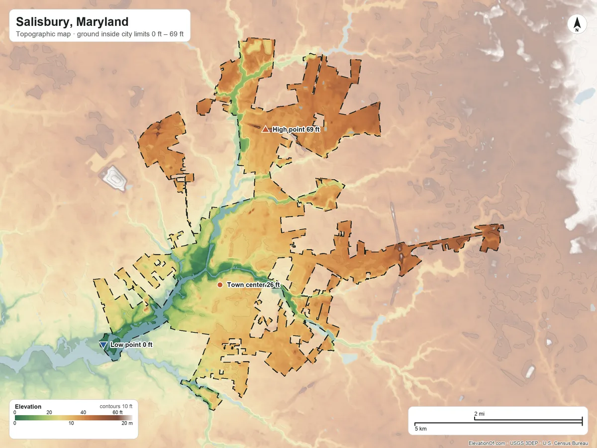 Topographic elevation map of Salisbury, Maryland, shaded from 0 ft on the southwest side to 69 ft on the north side
