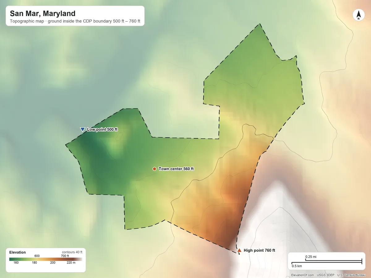 Topographic elevation map of San Mar, Maryland, shaded from 500 ft on the northwest side to 760 ft on the southeast edge, below higher ground just outside