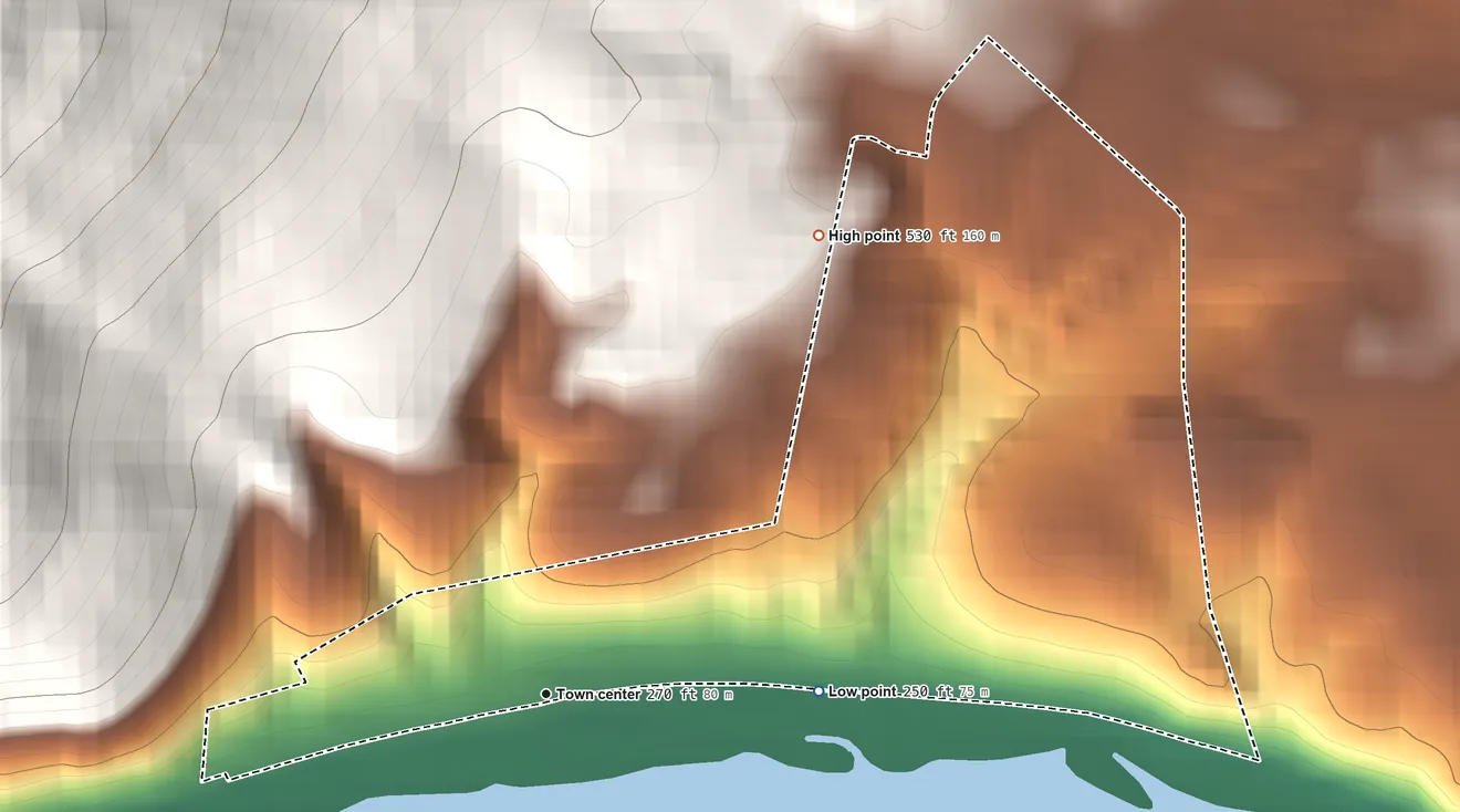 Topographic elevation map of Sandy Hook, Maryland, shaded from 250 ft on the east side to 530 ft on the northeast edge, below higher ground just outside