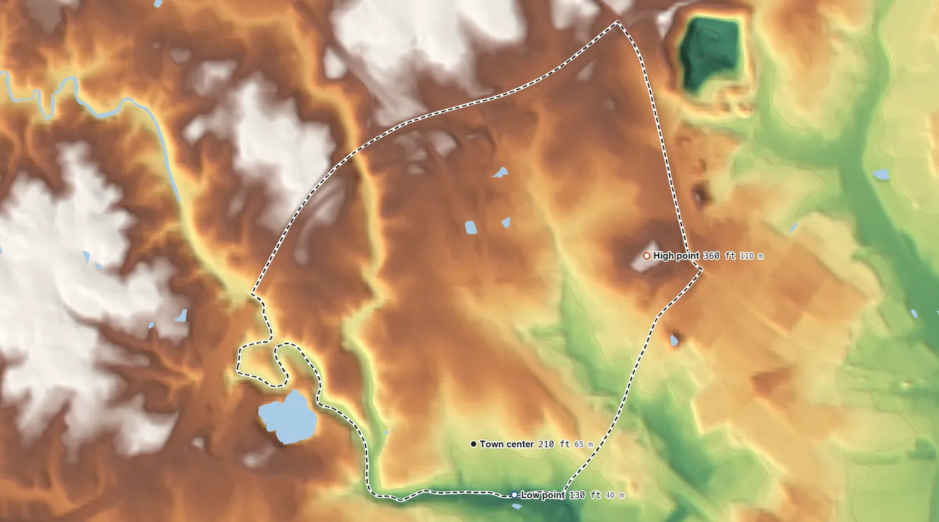Topographic elevation map of Savage, Maryland, shaded from 130 ft near the middle to 360 ft on the northeast side