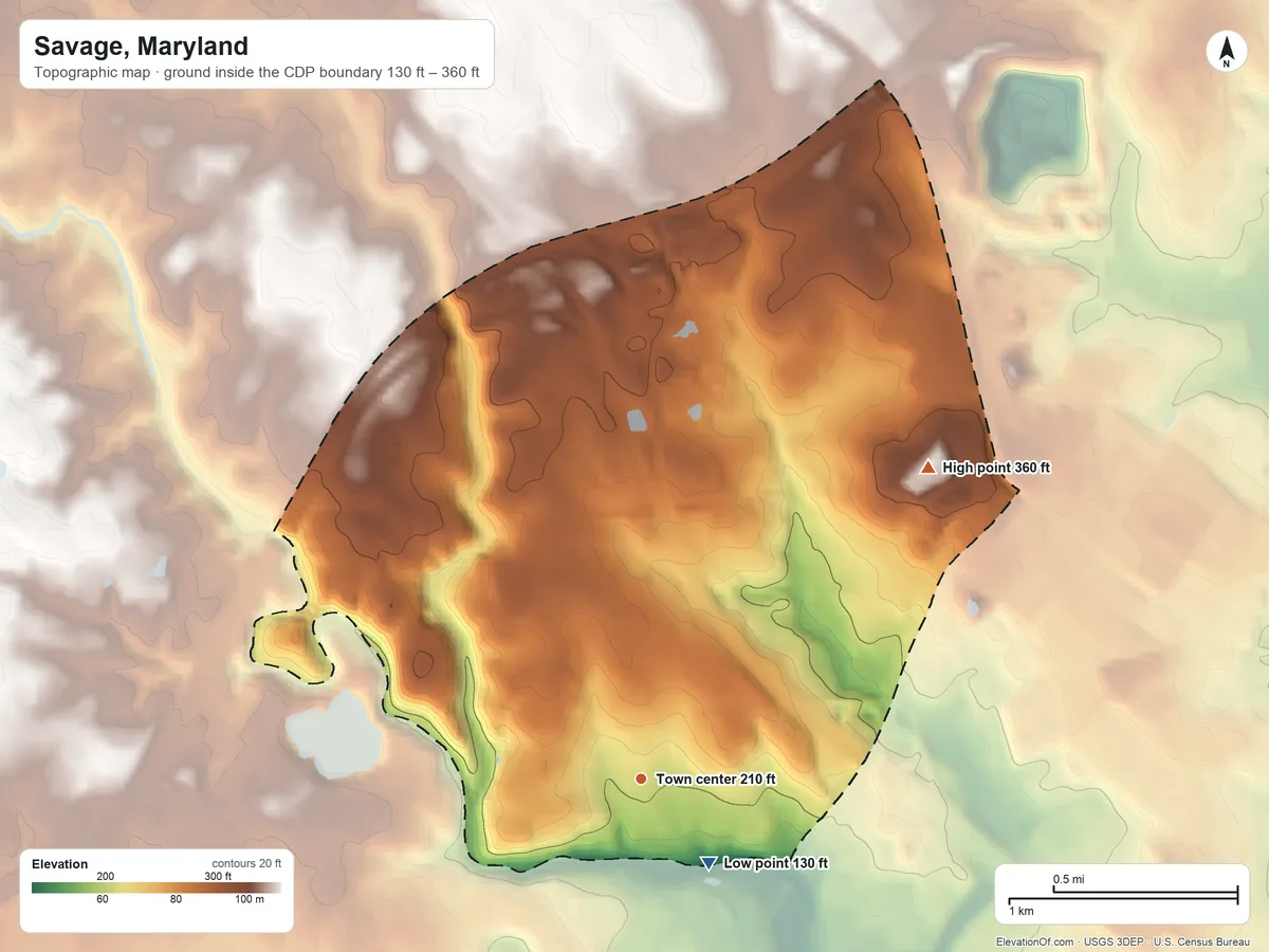 Topographic elevation map of Savage, Maryland, shaded from 130 ft near the middle to 360 ft on the northeast side