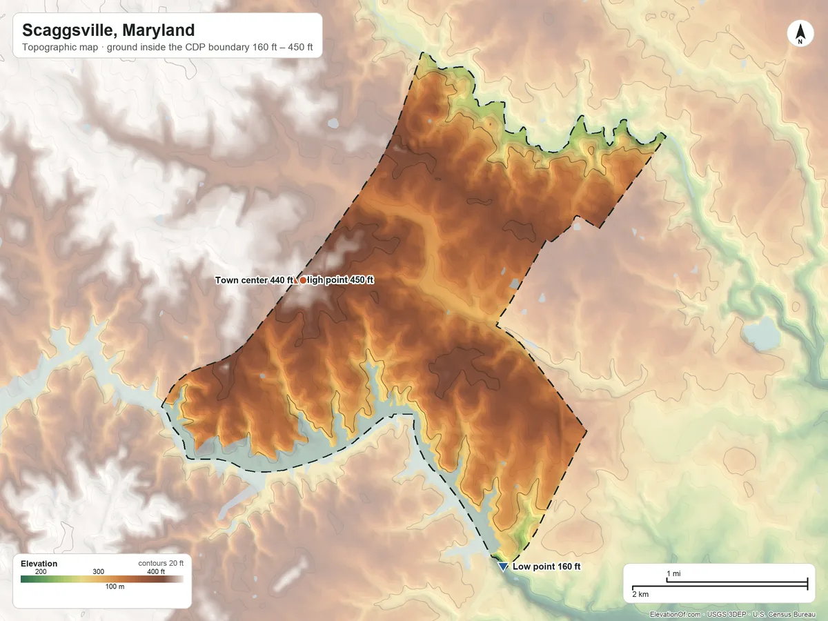 Topographic elevation map of Scaggsville, Maryland, shaded from 160 ft on the southeast side to 450 ft near the middle