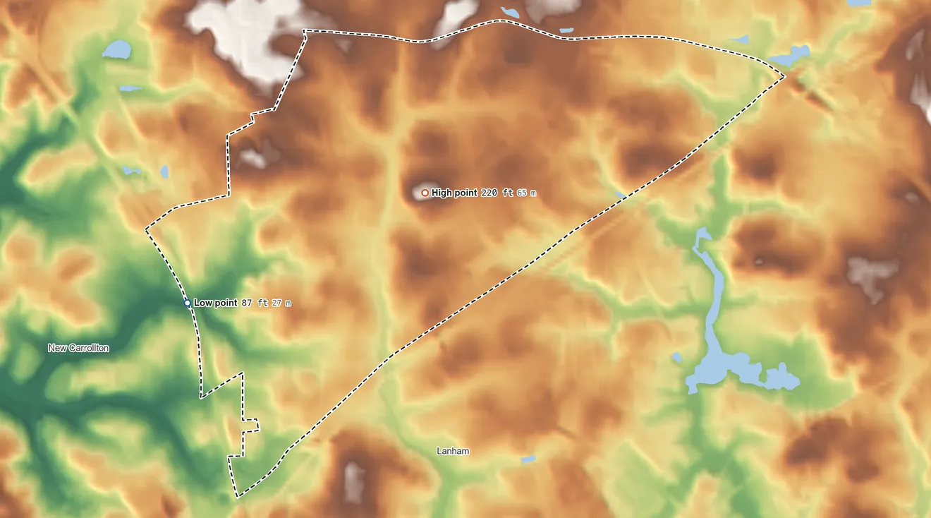 Topographic elevation map of Seabrook, Maryland, shaded from 87 ft on the southwest side to 220 ft near the middle
